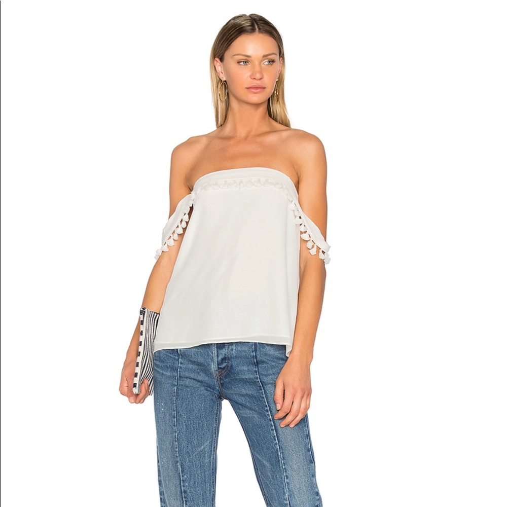 Cami NYC White Pom-Pom/Tassel “Carly” Top